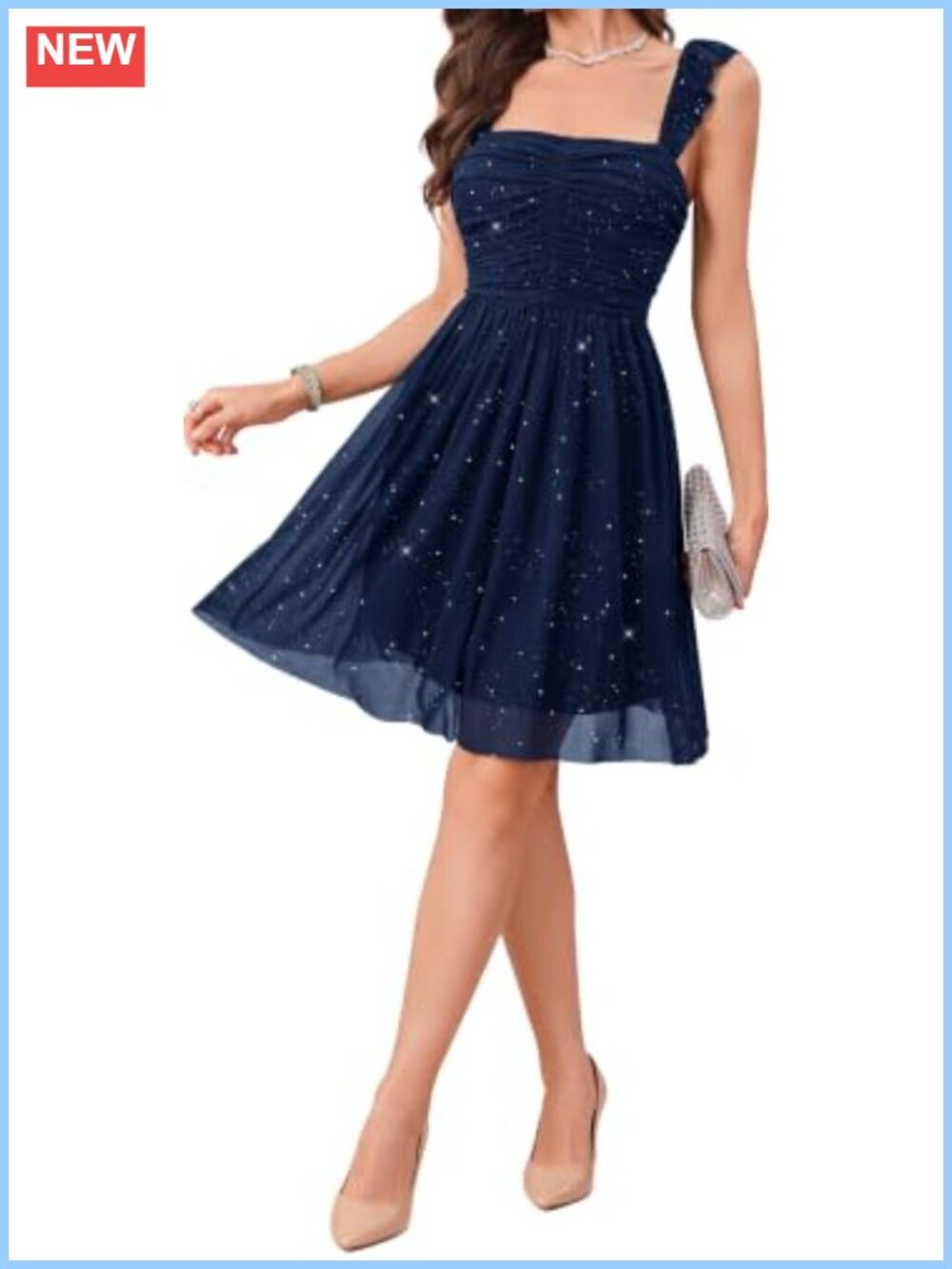 Sparkly Sequin Ruffle Strap Square Neck Short Formal Cocktail Party Dress
